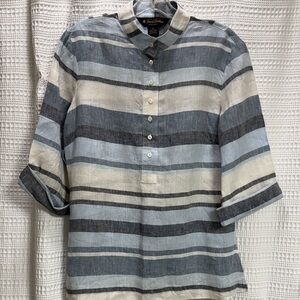 Brooks Brothers Irish Linen Blue/Gray Striped Casual Shirt top EUC Vacay SZ 10